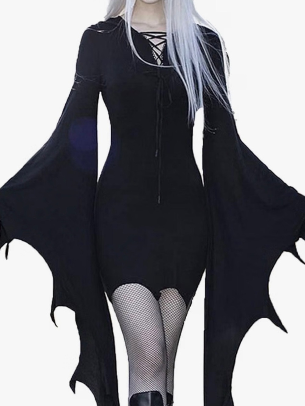 Lace-Up Black Gothic Bell-Sleeve Mini Dress